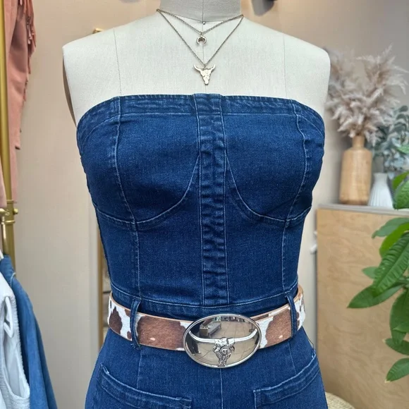 Longhorn Buckle Western Belt | Cowhide Print & Silver Statement Buckle 🤠✨ - Picture 2 of 7